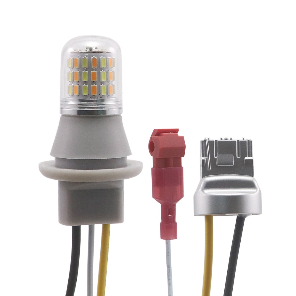 T20 7440 W21W Switchback Dual-Color LED Bulb with Optical PC Cover (54x SMD 3014, 12V or 24V Canbus Replaces 7443 W21/5W)