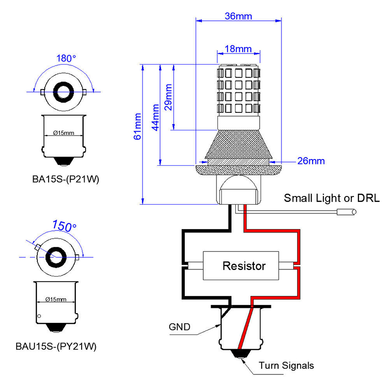 1156 P21W PY21W Switchback Dual Color LED Bulb Lighting Function and Dimension Details