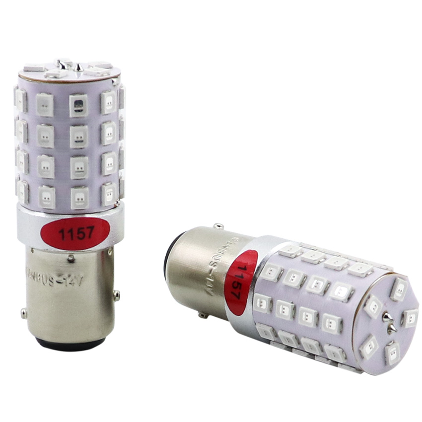 High-density 45 SMD 2835 LED emitter array on solid aluminum body of 1157 bulb