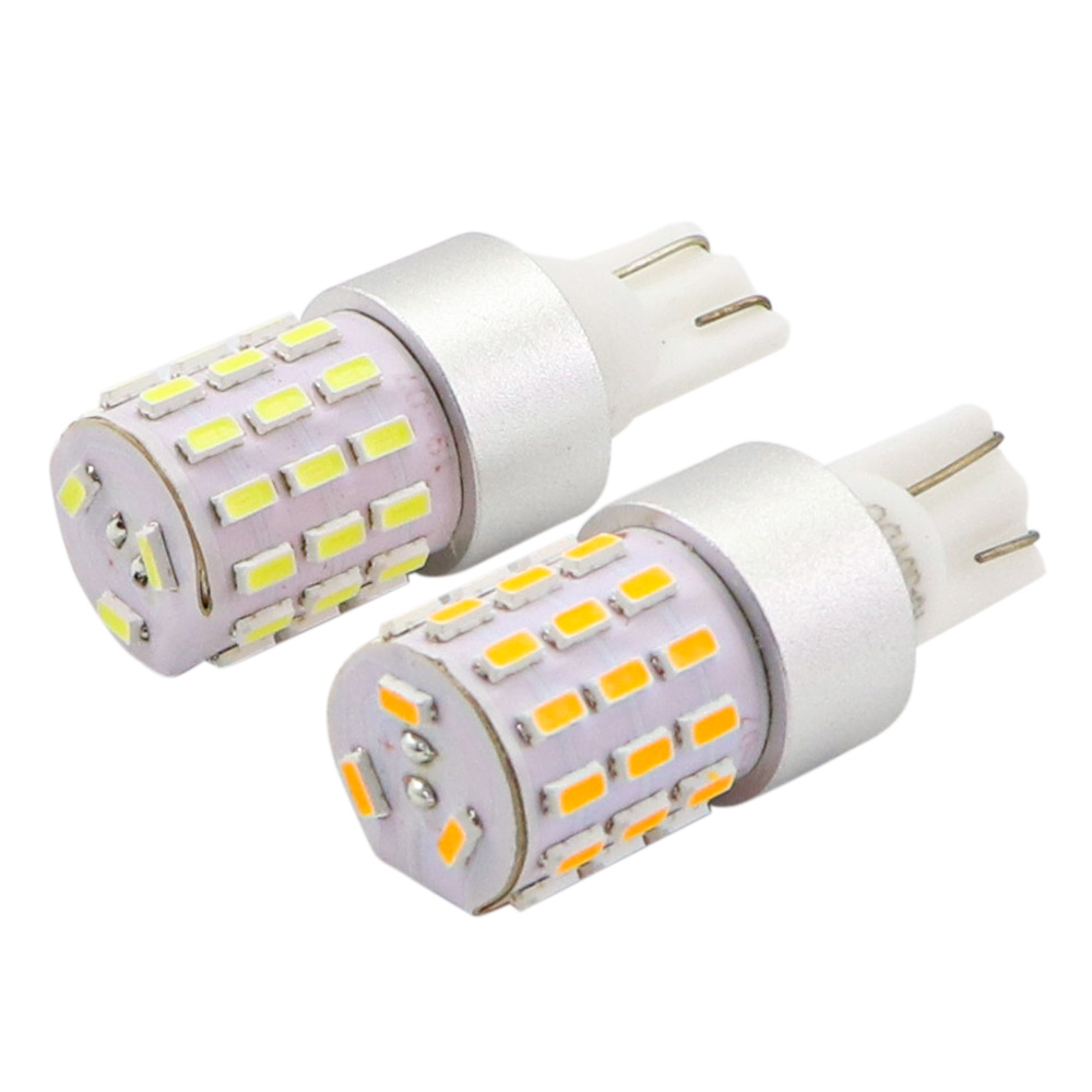 T15 W16W 921 LED bulb macro detail of W2.1x9.5d wedge base contact pins and emitter layout