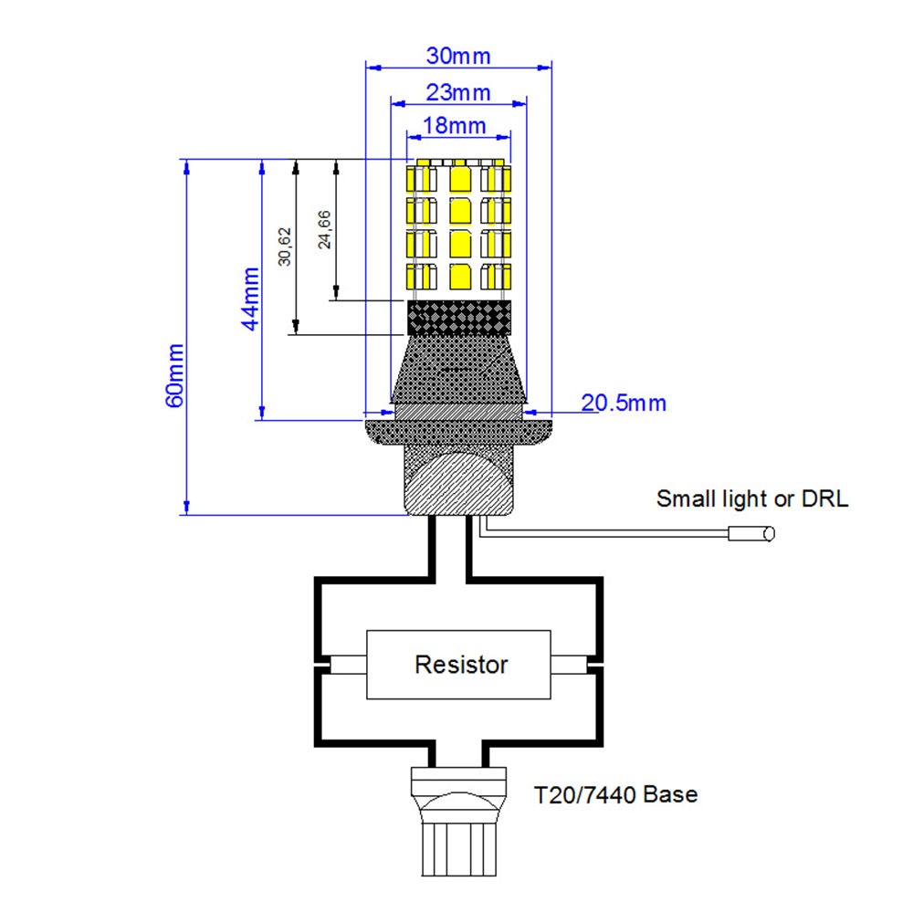 1156 P21W PY21W Switchback Dual Color LED Bulb Lighting Function and Dimension Details