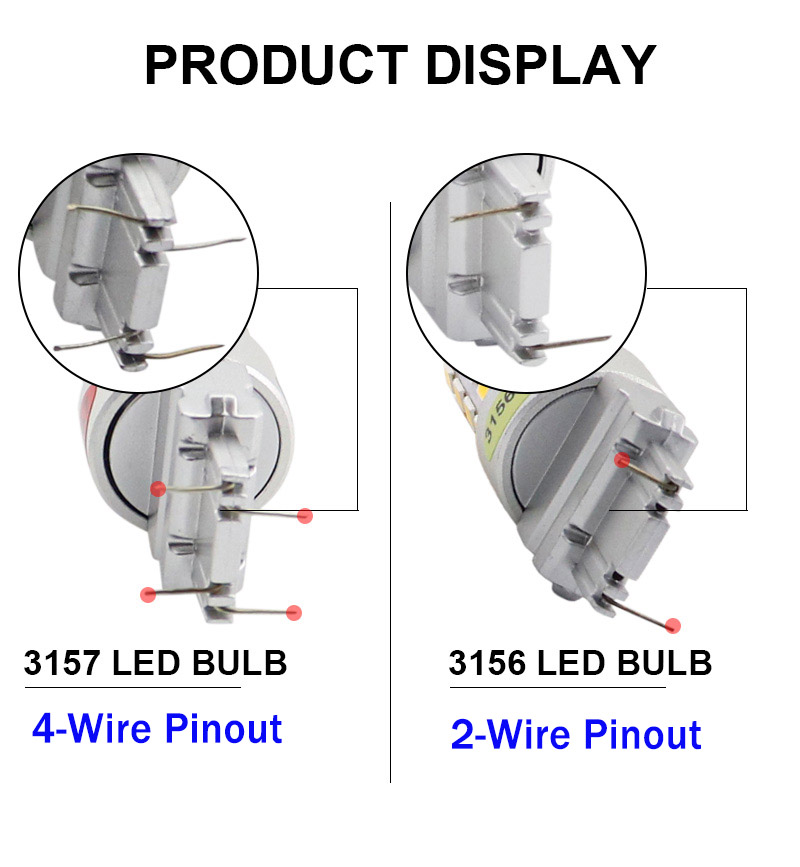 3157 dual-filament and 3156 single-filament T25 wedge base terminal pinout comparison