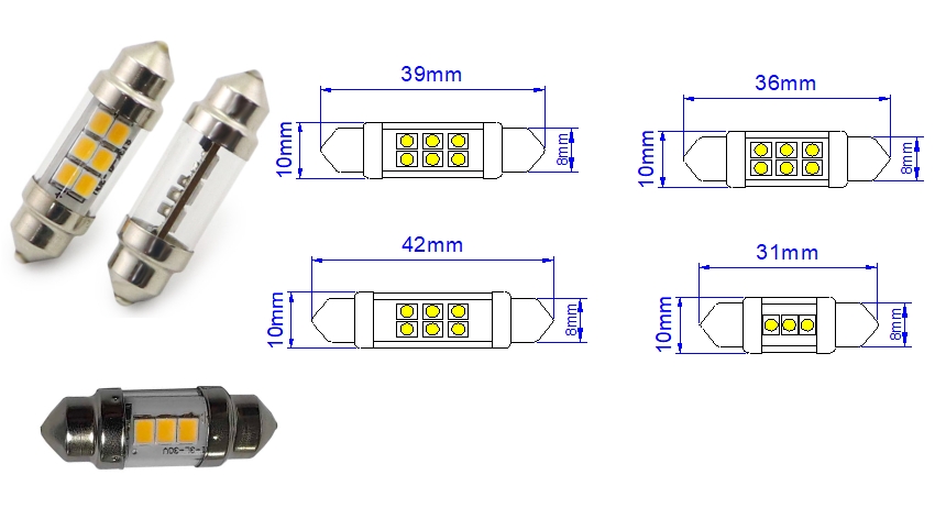 C5W SV8.5 festoon LED bulb precision blueprint showing 31mm 36mm 39mm and 42mm length options
