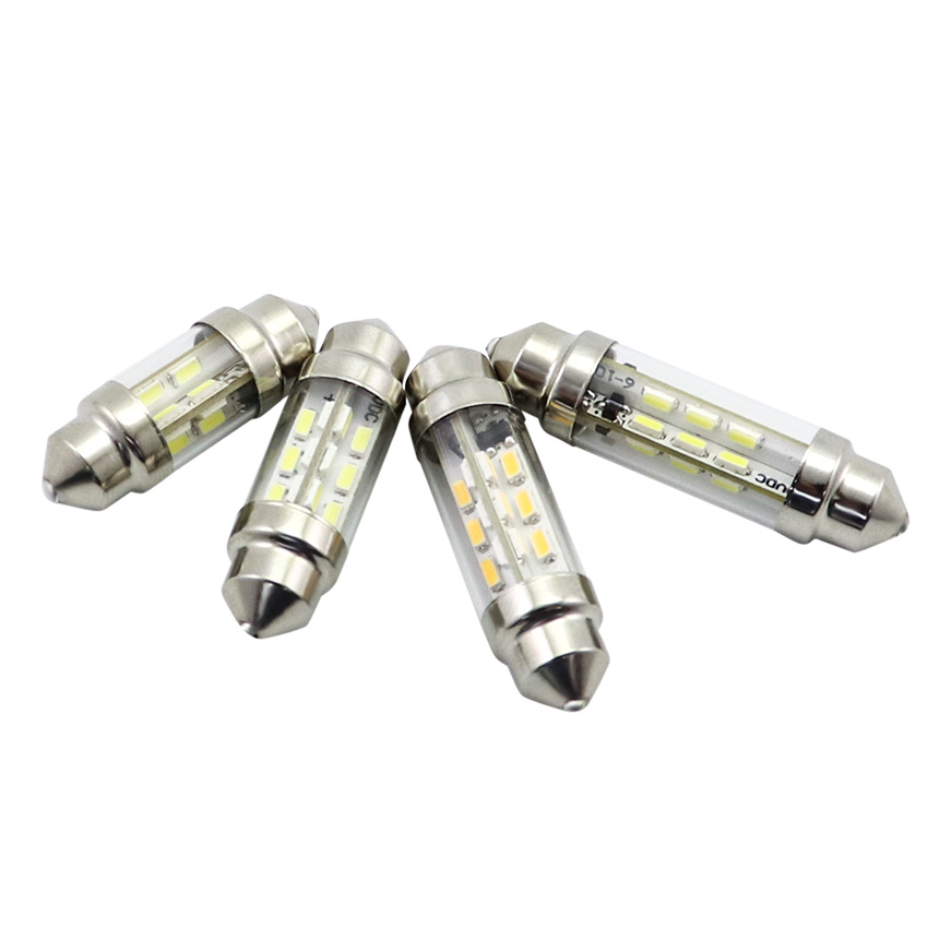 C10W 360-degree festoon LED bulb close-up showing 10mm clear PC tube and SMD 3014 array