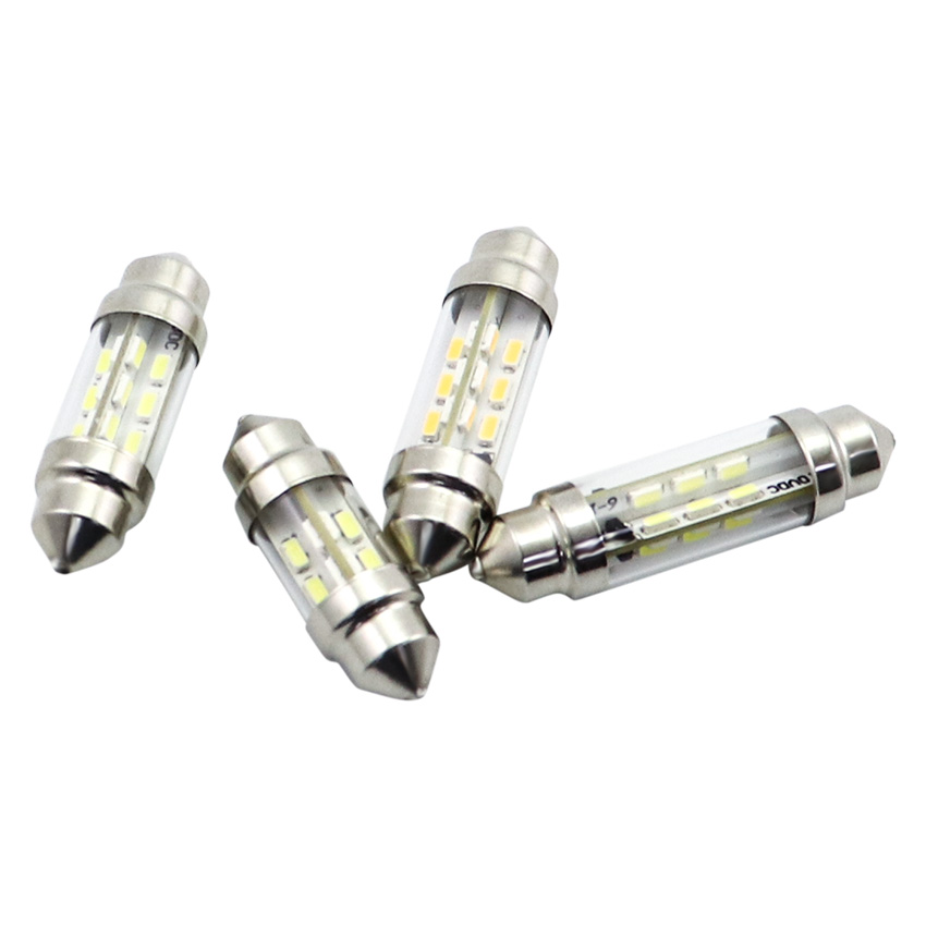 Pair of C10W SV8.5 pointed metal end cap festoon LED bulbs angled perspective