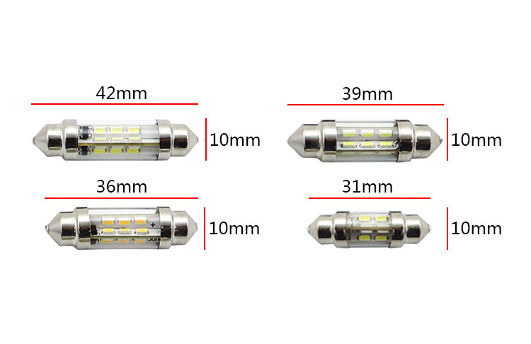 C10W SV8.5 360 festoon LED bulb precision blueprint showing 31mm 36mm 39mm and 42mm length options