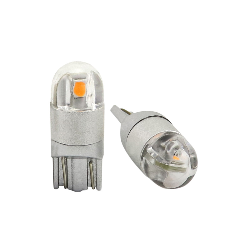 Pair of T10-2L PC covered LED marker bulbs dual perspective studio shot