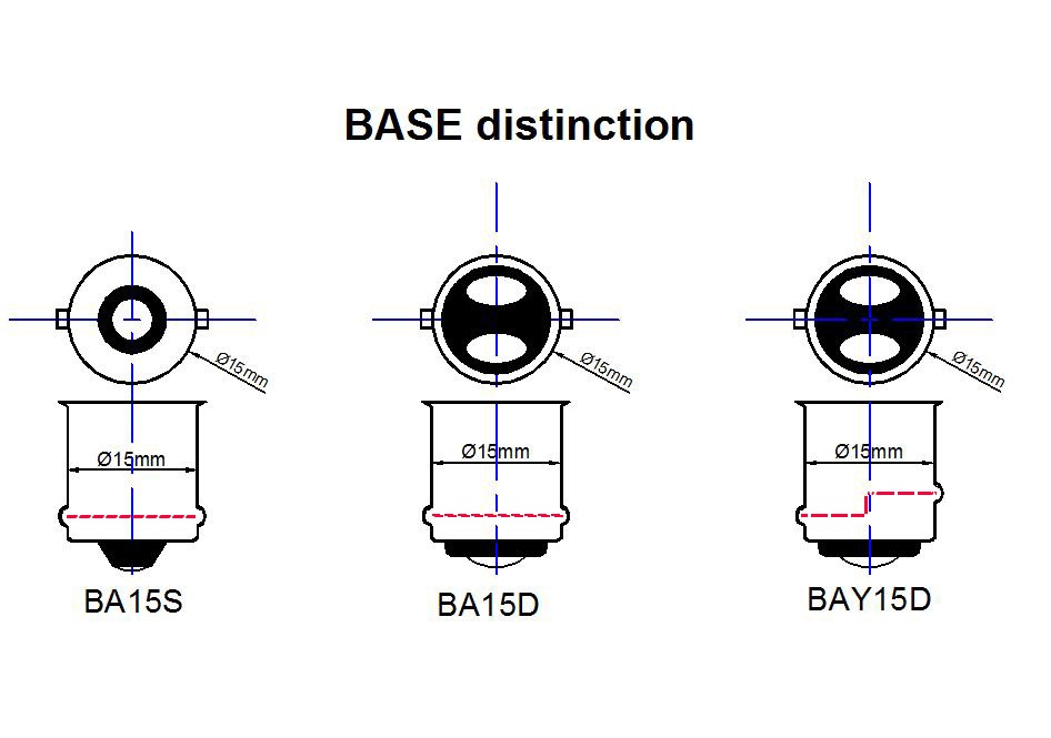 BA15s BA15d BAY15d bayonet base distinction diagram with pin alignment and bottom contact details