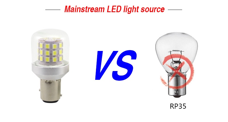 T28-39L35 LED bulb vs traditional fragile RP35 40W rotating beacon incandescent bulb visual comparison