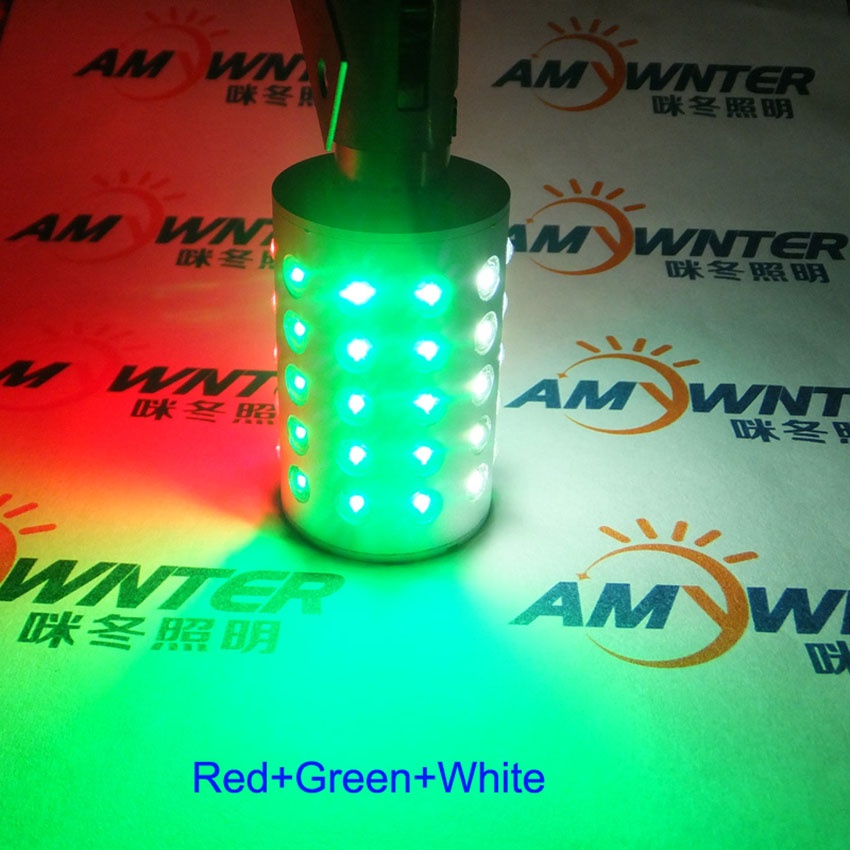 T32 marine LED bulb multi-sector optical test displaying simultaneous red, green, and white sectors