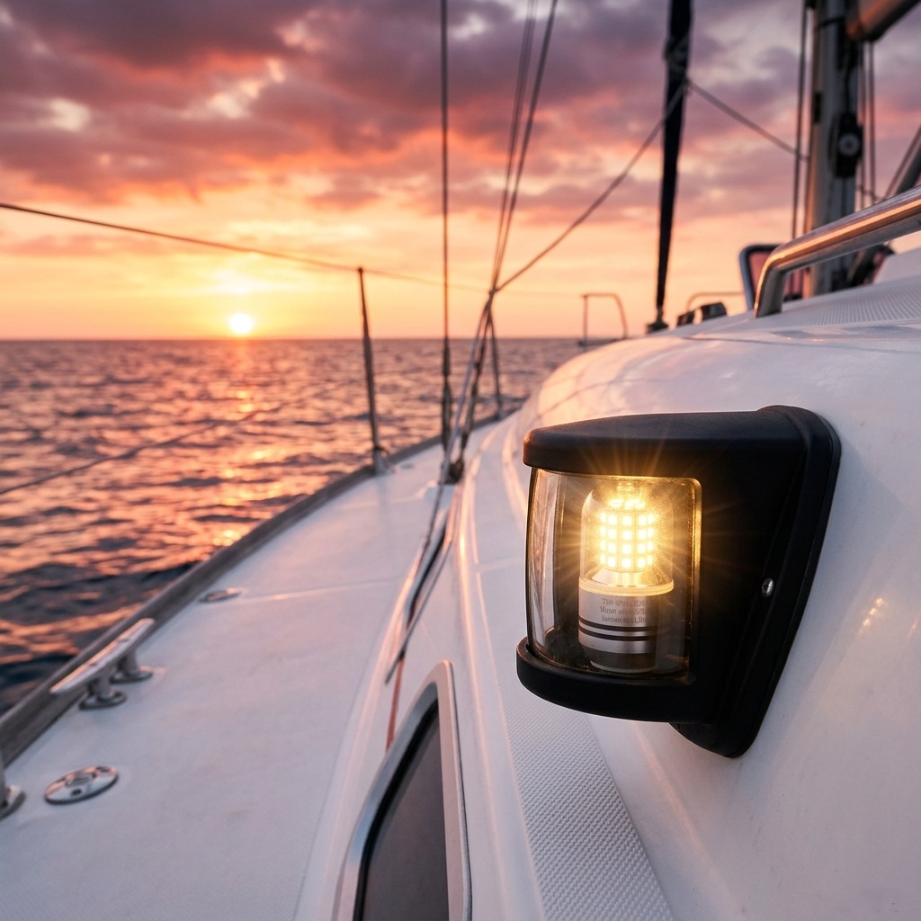 T38 marine navigation LED lamp installed inside stern navigation lantern on boat at sunset