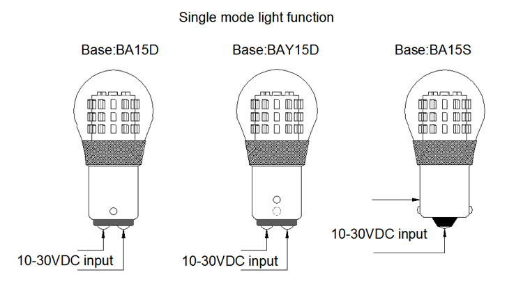 S25 LED bulb single mode light function wiring diagram for BA15D, BAY15D, and BA15S bases
