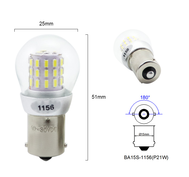 1156 BA15S P21W reverse and brake LED bulb 180 degree parallel pin drawing D25x51mm