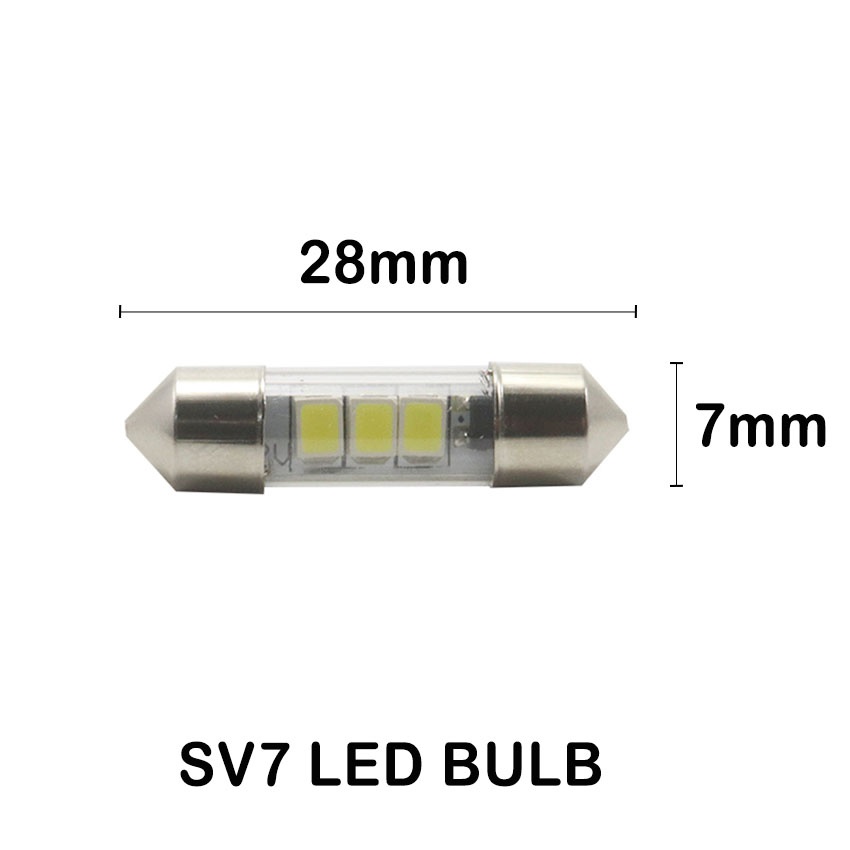 SV7 7mm festoon LED bulb 28mm length dimension and 3 SMD 2835 LEDs closeup