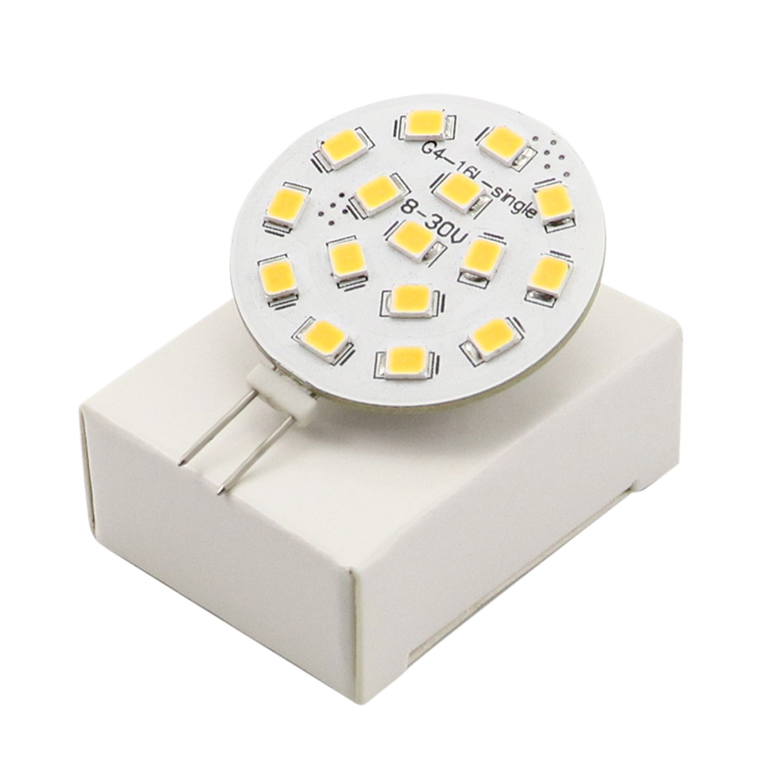 G4 LED disc bulb side pin horizontal profile displaying low clearance compact design
