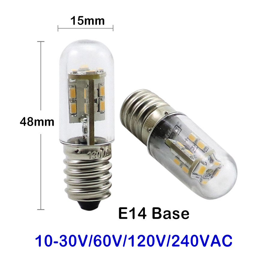 T15 E14 indicator LED bulb horizontal perspective showing D15x48mm slim tubular body