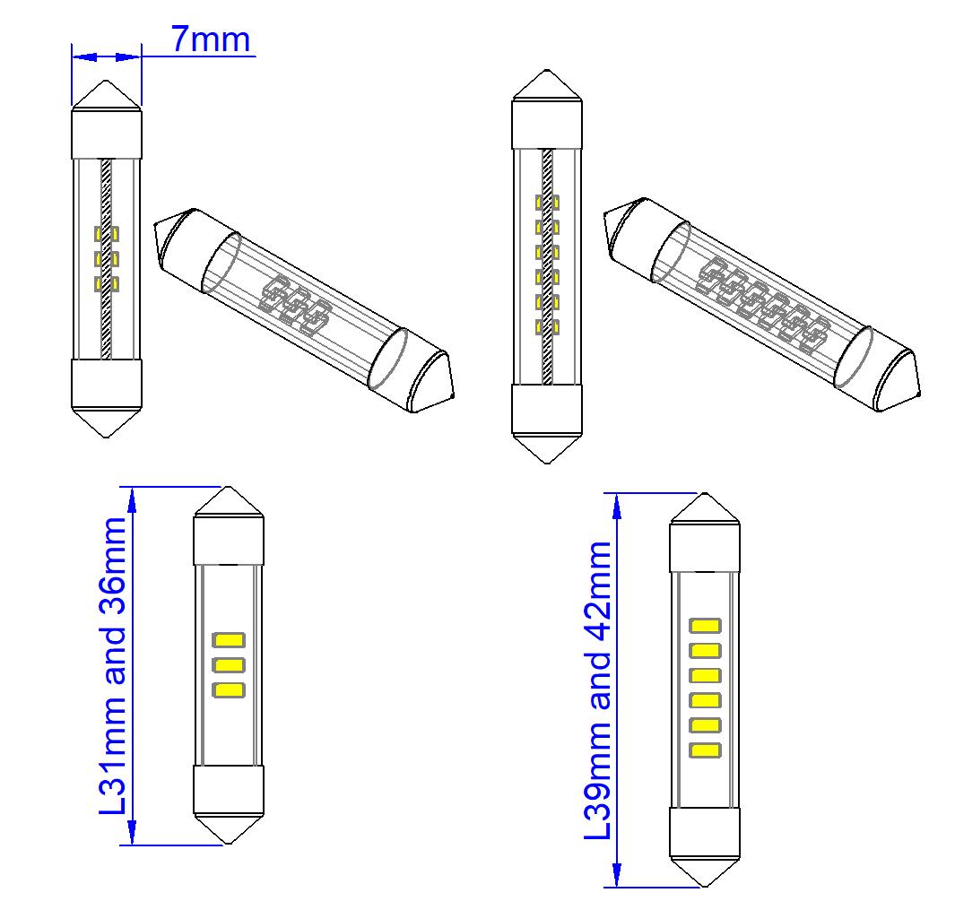 S7-6-12L Festoon LED Bulb SV7 Dimensions 31 36 39 42 mm