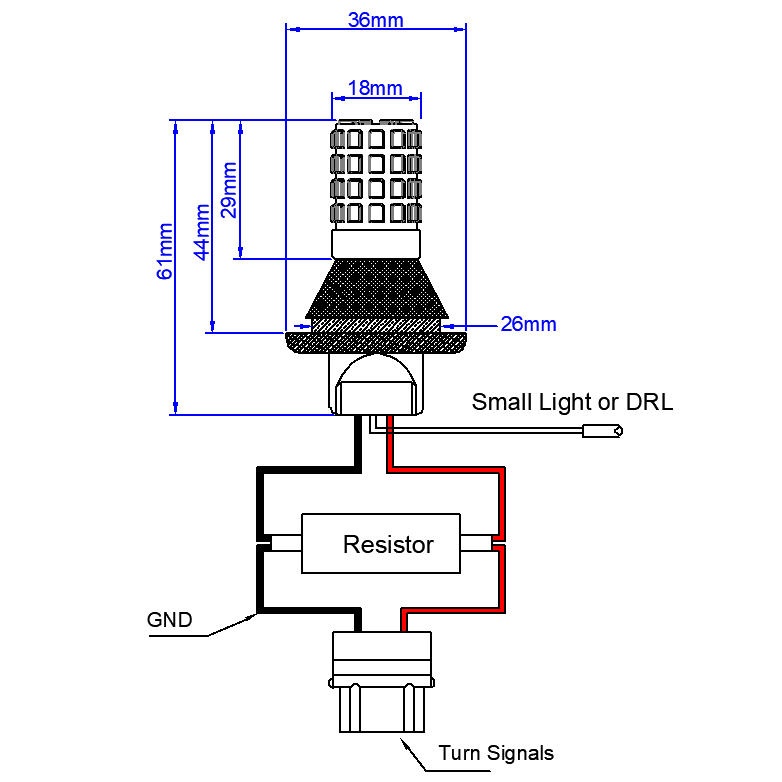 3156 3157 P27/7W Switchback Dual Color LED Bulb Lighting Function and Dimension Details
