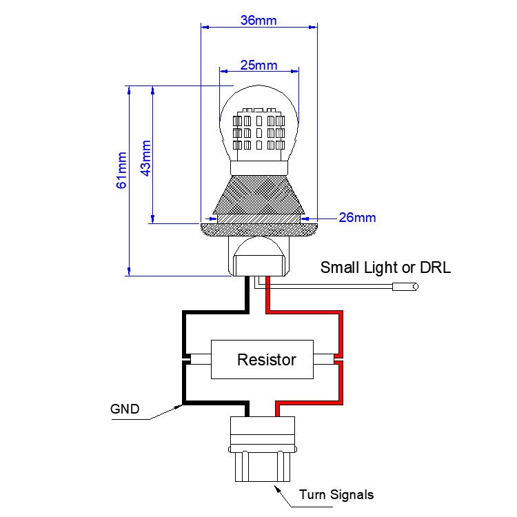 3156 3157 P27/7W Switchback Dual Color LED Bulb with Glass Cover Lighting Function and Dimension Details