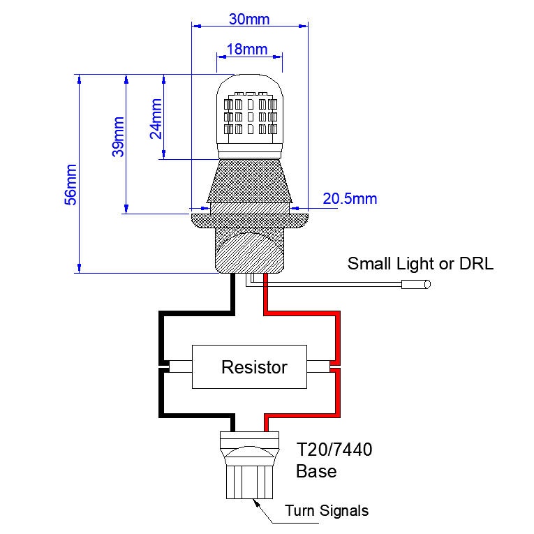 T20 7440 W21W Switchback Dual Color LED Bulb with Optical PC Cover Lighting Function and Dimension Details