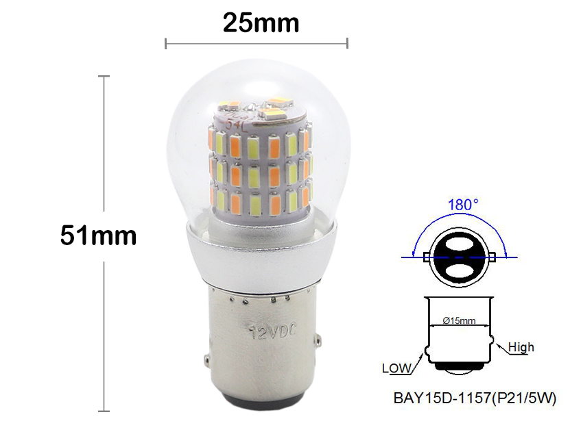 1157 BAY15D Dual-Color LED Bulb with Glass Cover Dimensional Blueprint D25mm L50mm